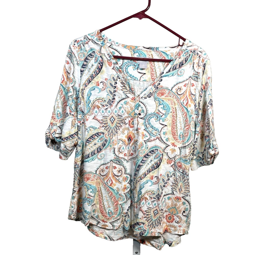 Chico's Top 2 Colorful Paisley 3/4 Sleeve Shirt Large US‎ 12-14 Vacation Office